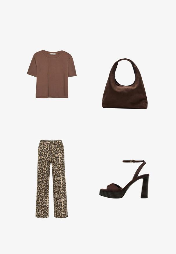 T-shirt marron à manches courtes en tissu doux, avec un col rond et une coupe décontractée. Aucun motif ni accent visible.; Pantalons à larges jambes en imprimé léopard beige et noir, avec fermeture à bouton et plusieurs poches, fabriqués dans un tissu texturé.; Sandale à talons hauts en suede marron avec un bout ouvert, une bride de cheville réglable et une semelle de plateforme rayée.; Sac à main en toile marron doux de style hobo avec une large sangle unique et une ouverture en haut arrondie, présenté sur un fond blanc.