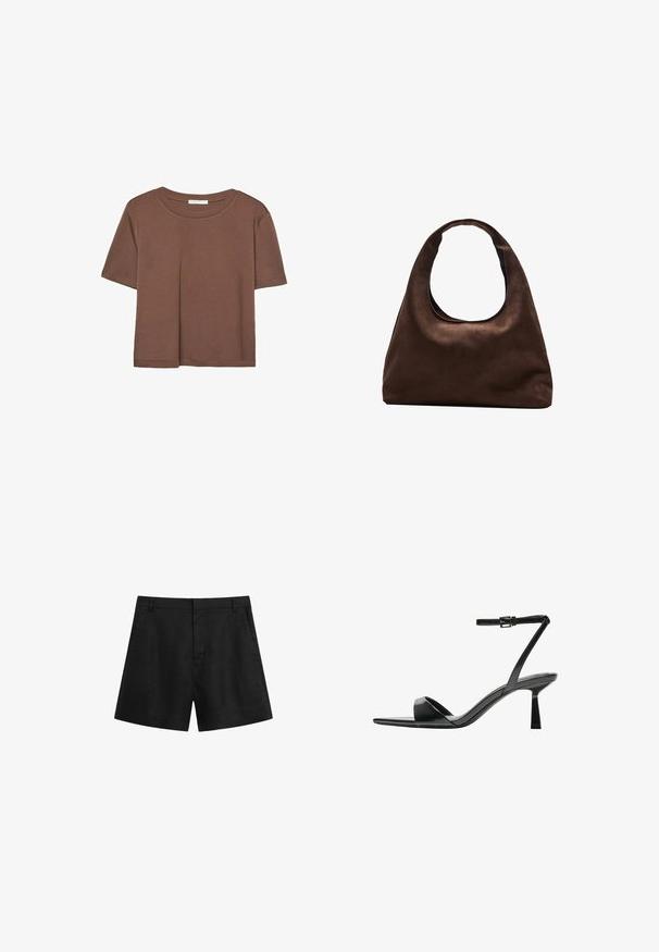 Brun kortærmet t-shirt lavet af blødt stof, med rund halsudskæring og afslappet pasform. Ingen synlige mønstre eller detaljer.; Sorte linnedershorts med en tætsiddende talje, sidelommer og skræddersyet design. Har en glat overflade og flad front uden synlige dekorative elementer.; Bershka Højhælede sandaletter / Højhælede sandaler - black; Blød brun hobo-stil håndtaske med en enkelt bred strop og en buet åbning på toppen, vist på en hvid baggrund.