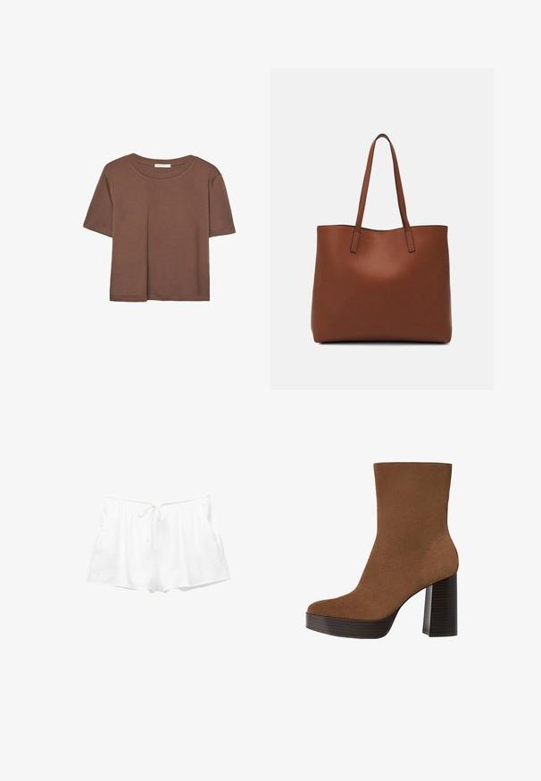 Braunes, kurzärmliges T-Shirt aus weichem Material mit rundem Halsausschnitt und lockerer Passform. Keine sichtbaren Muster oder Akzente.; Weiße Baumwollshorts mit einem elastischen Bund, verstellbarem Kordelzug und Seitentaschen. Weicher Stoff und schlichtes Design mit lockerer Passform.; Braunes Wildleder-Ankle Boot mit runder Spitze, klobigem schwarz gestreiften Absatz und glatter Oberfläche. Besitzt ein enganliegendes Design ohne sichtbare Beschläge.; Braune Leder-Tote mit glatter Textur, offenem Oberteil und zwei Schulterriemen. Verfügt über minimale Nähte und keine sichtbaren Beschläge.