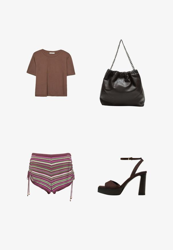 Rjava kratka majica s kratkimi rokavi iz mehkega materiala, s krožnim izrezom in ohlapnim krojem. Brez vidnih vzorcev ali dodatkov.; Kostimske kopalne hlače z navpičnimi črtami v odtenkih roza, zelene in rjave barve. Imajo vrvico na straneh in mehko, raztegljivo tkanino.; Rjave semiš sandale z visoko peto, odprto spredaj, z nastavljivim gležnjenjem in črtastim podplatom.; Rjava usnjena torba z nabranim vrhom in verižnim trakom. Gladka tekstura z sijajno površino in subtilnimi šivi na straneh.