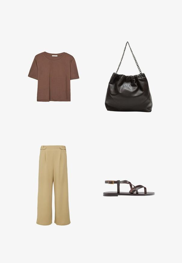 T-shirt marron à manches courtes en tissu doux, avec un col rond et une coupe décontractée. Aucun motif ni accent visible.; Pantalons beige à jambes larges en tissu lisse, dotés de deux plis devant et d'une taille haute avec deux boutons décoratifs.; Sandale en cuir marron avec des brides entrecroisées, une fermeture à boucle à la cheville et une semelle plate avec des détails de couture minimaux.; Sac en cuir marron avec un haut froncé et une bandoulière en chaîne. Texture lisse avec une finition brillante et des coutures subtiles sur les côtés.