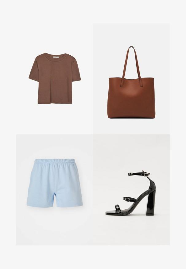 Hnedé tričko s krátkym rukávom vyrobené z jemného materiálu, s okrúhlym výstrihom a voľným strihom. Žiadne viditeľné vzory ani akcenty.; Svetlo modré bavlnené šortky s elastickým pásom. Majú jednoduchú, hladkú textúru a končia na dĺžke do polovice stehna. Bez vreciek.; Čierne lakované sandále na podpätku so štvorcovou špičkou, navlečenými remienkami okolo členku a striebornými prackami. Disponujú masívnym blokovým podpätkom pre stabilitu.; Hnedá kožená taška na rameno s hladkou textúrou, otvoreným vrchom a dvoma ramenými popruhmi. Má minimálne šitia a žiadne viditeľné kovania.