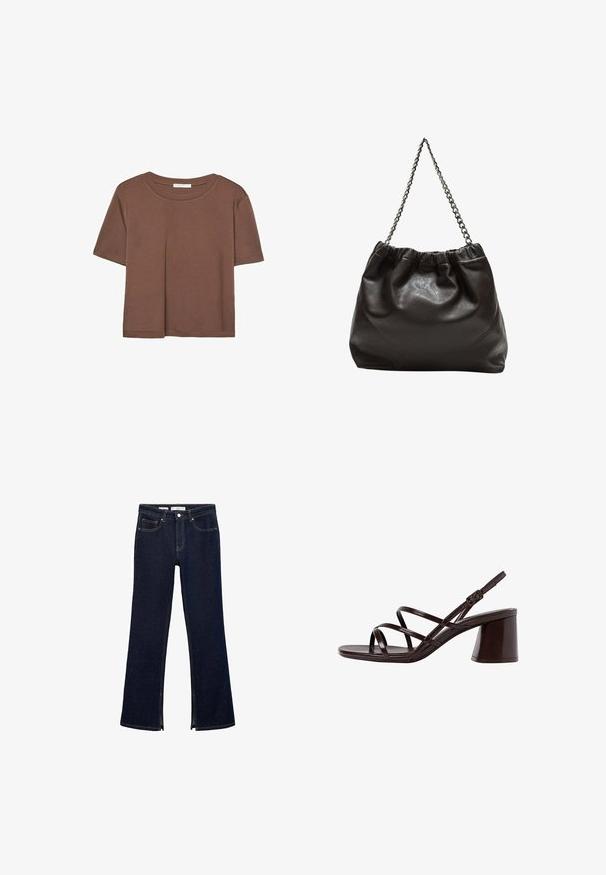 Rjava kratka majica s kratkimi rokavi iz mehkega materiala, s krožnim izrezom in ohlapnim krojem. Brez vidnih vzorcev ali dodatkov.; Temno modri traperji z razširjenimi hlačnicami imajo visok pas, stranske zadrge, sprednje žepke in kontrastne šive, ki dodajajo dodatno definicijo.; Rjave sandale na visoki peti s debelim petom, z gladko, sijajno površino in večkratnimi križnimi trakovi na zgornjem delu.; Rjava usnjena torba z nabranim vrhom in verižnim trakom. Gladka tekstura z sijajno površino in subtilnimi šivi na straneh.