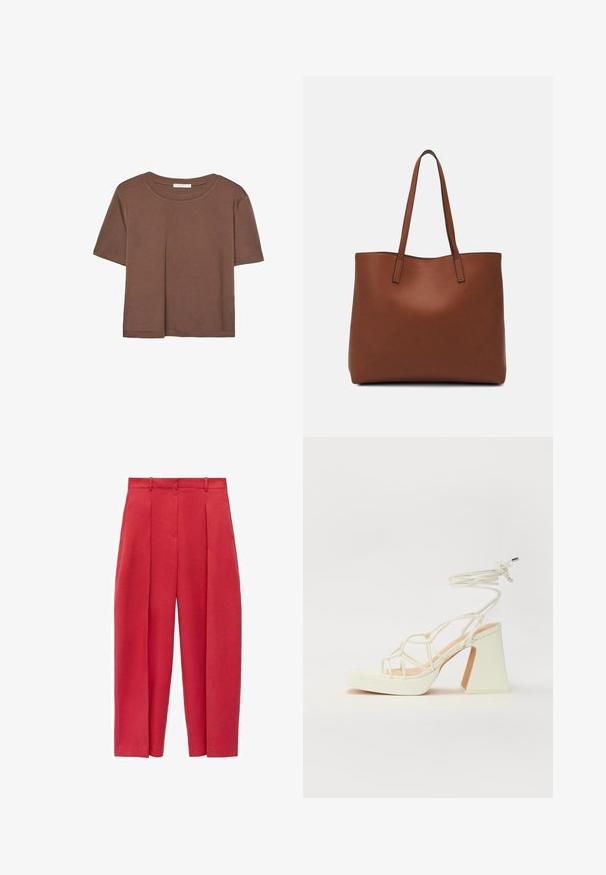 Brązowa koszulka z krótkim rękawem, wykonana z miękkiego materiału, z okrągłym dekoltem i luźnym krojem. Brak widocznych wzorów lub akcentów.; Czerwone spodnie z wysokim stanem, z kantami, wykonane z gładkiego materiału, oferujące szeroki krój nogawek oraz boczne kieszenie dla dodatkowej funkcjonalności.; Biała sandał na wysokim obcasie z masywnym słupkiem, z paskowym wzorem i wiązaniem przy kostce. Gładka faktura z platformą z przodu dla dodatkowej wysokości.; Brązowa skórzana torba tote o gładkiej fakturze, z otwartym wierzchem i dwoma ramiączkami. Charakteryzuje się minimalnym przeszyciem i brakiem widocznych elementów metalowych.