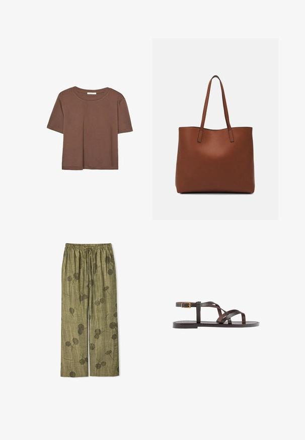 Brązowa koszulka z krótkim rękawem, wykonana z miękkiego materiału, z okrągłym dekoltem i luźnym krojem. Brak widocznych wzorów lub akcentów.; Zielone, szerokie spodnie wykonane z teksturowanego materiału, z kwiatowym nadrukiem w ciemniejszych odcieniach zieleni oraz elastycznym paskiem z regulacją w talii.; Brązowe skórzane sandały z krzyżującymi się paskami, zapięciem na klamrę przy kostce oraz płaską podeszwą z minimalnymi detalami szycia.; Brązowa skórzana torba tote o gładkiej fakturze, z otwartym wierzchem i dwoma ramiączkami. Charakteryzuje się minimalnym przeszyciem i brakiem widocznych elementów metalowych.