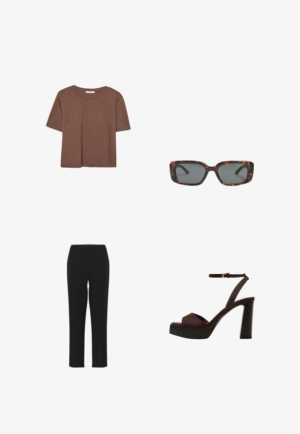 Brun kortärmad t-shirt i mjukt tyg, med rund halsringning och avslappnad passform. Inga synliga mönster eller detaljer.; Svarta byxor med rak benform, med en slät yta, åtsittande midja och utan synliga utsmyckningar eller mönster.; Bruna mocka högklackade sandaler med öppen tå, justerbar vristrem och en randig plattformssula.; Sköldpaddsmönstrade solglasögon med rektangulära linser, tjocka bågar och mörkt tonade linser. Slät yta och minimalistisk design.