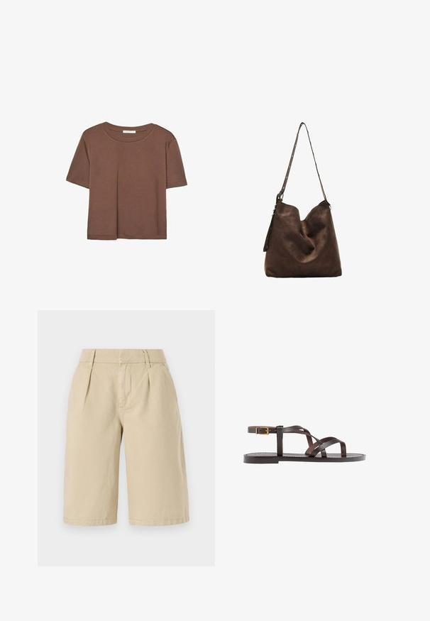 Brun kortärmad t-shirt i mjukt tyg, med rund halsringning och avslappnad passform. Inga synliga mönster eller detaljer.; Beige bomullsshorts med en avslappnad passform, med framfickor och sidofickor, som slutar strax ovanför knäna med en ren fåll.; Bruna lädersandaler med korsade remmar, spänne runt vristen och en platt sula med minimala sömnadsdetaljer.; Brun mockaskinn hobo-väska med en rundad topp, ett långt band med prickiga detaljer och en mjuk textur. Har en slapp design för avslappnad användning.