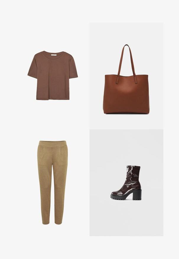 Hnedé tričko s krátkym rukávom vyrobené z jemného materiálu, s okrúhlym výstrihom a voľným strihom. Žiadne viditeľné vzory ani akcenty.; Hnedé kárované nohavice s priliehavým strihom, elastickým pásom a dvoma bočnými vreckami. Tkanina má hladký povrch s kockovaným vzorom.; Lesklé burgundské kotníkové boty s robustním černým podpatkem, s hladkou strukturou a jednoduchým designem. Bez viditelných zapínání nebo vzorů.; Hnedá kožená taška na rameno s hladkou textúrou, otvoreným vrchom a dvoma ramenými popruhmi. Má minimálne šitia a žiadne viditeľné kovania.