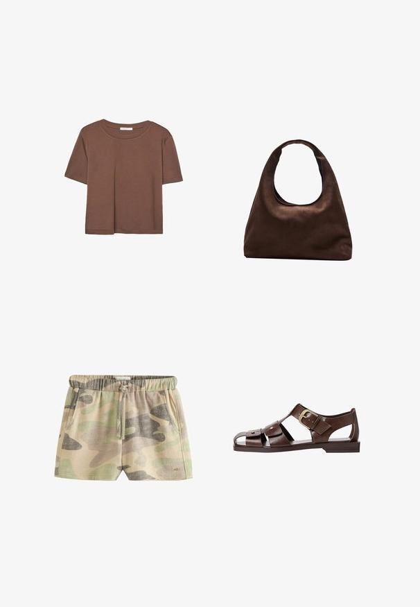 Maglietta a maniche corte marrone realizzata in tessuto morbido, con scollatura rotonda e vestibilità rilassata. Nessun motivo o dettaglio visibile.; Pantaloncini corti con motivo mimetico in tonalità beige, verde e grigio; dotati di cintura elastica con coulisse e tasche laterali. Tessuto strutturato.; Sandal in pelle marrone con un design a intaglio, cinturino laterale regolabile e suola piatta, con dettagli metallici e punta aperta.; Borsa hobo di un morbido marrone con una sola tracolla larga e un'apertura a manico curvo, esposta su uno sfondo bianco.