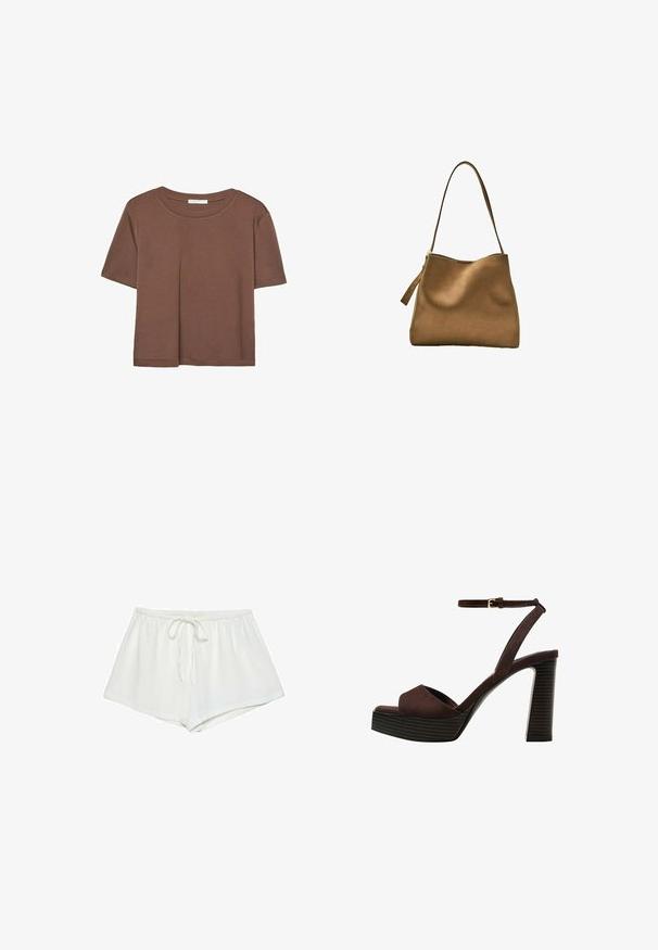 T-shirt marron à manches courtes en tissu doux, avec un col rond et une coupe décontractée. Aucun motif ni accent visible.; Des shorts en coton blancs avec une taille à cordon, une coupe ample et une texture lisse. L'ourlet est droit, sans motifs ou accents supplémentaires.; Sandale à talons hauts en suede marron avec un bout ouvert, une bride de cheville réglable et une semelle de plateforme rayée.; Sac à main en daim marron avec une texture lisse, un dessus arrondi et une longue bandoulière plate. Doté d'une tirette de fermeture éclair sur un côté.