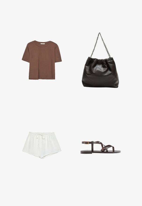 Smeđi kratki rukav majica od mekog materijala, s okruglim izrezom i opuštenim krojem. Nema vidljivih uzoraka ili naglasaka.; Bijele pamučne kratke hlače imaju pojas s vezicom, širok kroj i glatku teksturu. Porub je ravan, bez dodatnih uzoraka ili akcenata.; Smeđe kožne sandale s iskrižanim trakama, umetkom za zapešće s kopčanjem i ravnim potplatom s minimalnim detaljima šivanja.; Smeđa kožna torba s naboranim vrhom i lančićem za nošenje. Glatka tekstura s sjajnim završetkom i suptilnim šavnim detaljima sa strane.
