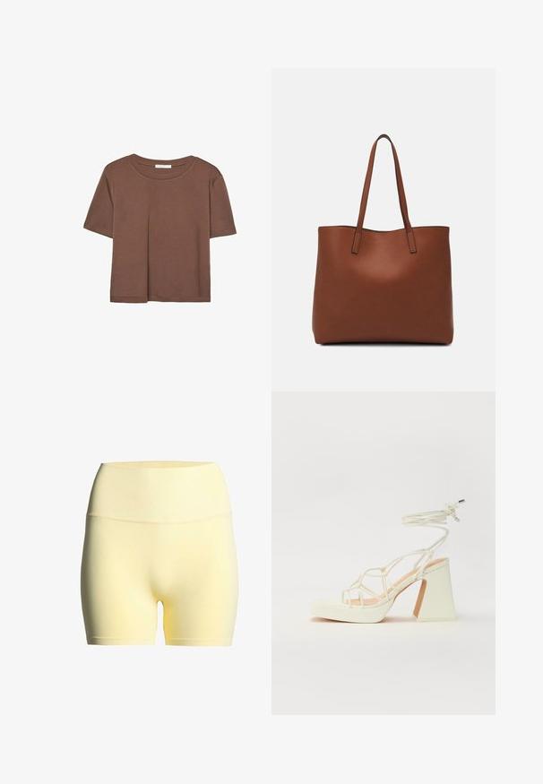 Maglietta a maniche corte marrone realizzata in tessuto morbido, con scollatura rotonda e vestibilità rilassata. Nessun motivo o dettaglio visibile.; Pantaloni shorts in tessuto giallo con elastico a coste in vita, caratterizzati da una texture liscia e un design di lunghezza media, adatti per abbigliamento sportivo o casual.; Sandalo bianco con tacco alto, caratterizzato da un design a cinturini e un legaccio alla caviglia. Texture liscia con una piattaforma frontale per un'altezza aggiuntiva.; Borsa tote in pelle marrone con texture liscia, design con apertura superiore e due spallacci. Presenta cuciture minime e nessun hardware visibile.