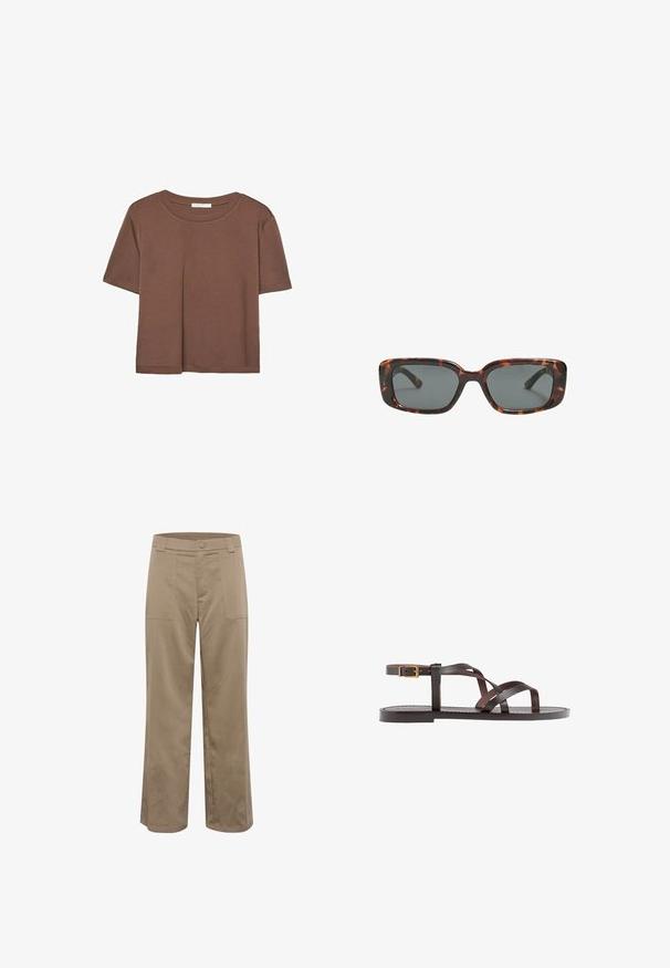 Rjava kratka majica s kratkimi rokavi iz mehkega materiala, s krožnim izrezom in ohlapnim krojem. Brez vidnih vzorcev ali dodatkov.; Kaki široke hlače s ravnim krojem, narejene iz teksturirane tkanine, z dvema sprednjima žepoma in gumbnim zapiranjem v pasu.; Rjav usnjen sandal z načinom prečnega črta, zaklepom okoli gležnja in ravnim podplatom z minimalnimi šivi.; Sonce, ki je oblikovana v tortoščkovem vzorcu, ima pravokotne leče, debele okvirje in temne leče. Ima gladko teksturo in minimalističen dizajn.