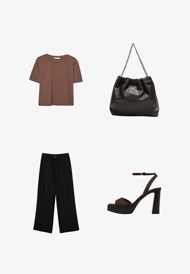 Brun kortärmad t-shirt i mjukt tyg, med rund halsringning och avslappnad passform. Inga synliga mönster eller detaljer.; Svarta, lätta byxor med vida ben, elastisk midja och snodd. Slät textur, inga synliga mönster eller detaljer.; Bruna mocka högklackade sandaler med öppen tå, justerbar vristrem och en randig plattformssula.; Brun läderväska med rynkad topp och kedjesnodd. Slät textur med en blankslipad yta och subtila sömdetaljer på sidorna.