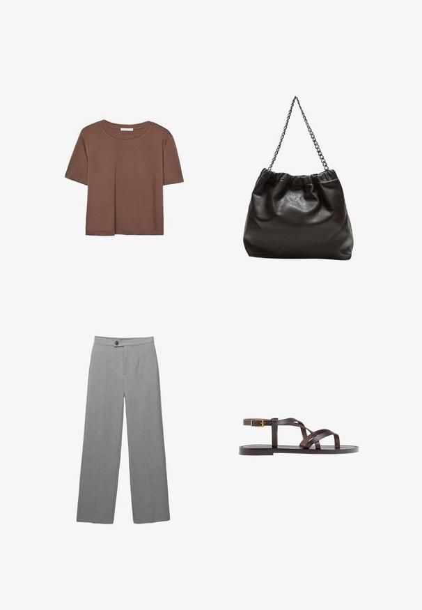 Maglietta a maniche corte marrone realizzata in tessuto morbido, con scollatura rotonda e vestibilità rilassata. Nessun motivo o dettaglio visibile.; Pantaloni grigi su misura con gamba ampia, frontale piatto e texture sottile. Presentano una chiusura a un bottone e linee pulite.; Sandal in pelle marrone con cinturini incrociati, chiusura con cinturino alla caviglia e suola piatta con dettagli di cucitura minimi.; Borsa in pelle marrone con parte superiore arricciata e tracolla a catena. Texture liscia con finitura lucida e dettagli di cucitura sottili sui lati.