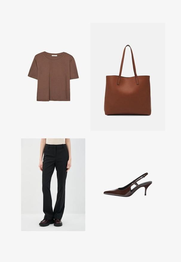 Braunes, kurzärmliges T-Shirt aus weichem Material mit rundem Halsausschnitt und lockerer Passform. Keine sichtbaren Muster oder Akzente.; Schwarze maßgeschneiderte Hose mit geradem Bein, aus glattem Stoff gefertigt. Mit Gürtelschlaufen und flacher Vorderseite. Kombiniert mit dunklen Stiefeln.; Braune Lackleder-Slingback-Pumps mit spitzem Zeh, offenen Ausschnitten und dünnem Absatz. Mit verstellbarem Schnallenriemen.; Braune Leder-Tote mit glatter Textur, offenem Oberteil und zwei Schulterriemen. Verfügt über minimale Nähte und keine sichtbaren Beschläge.