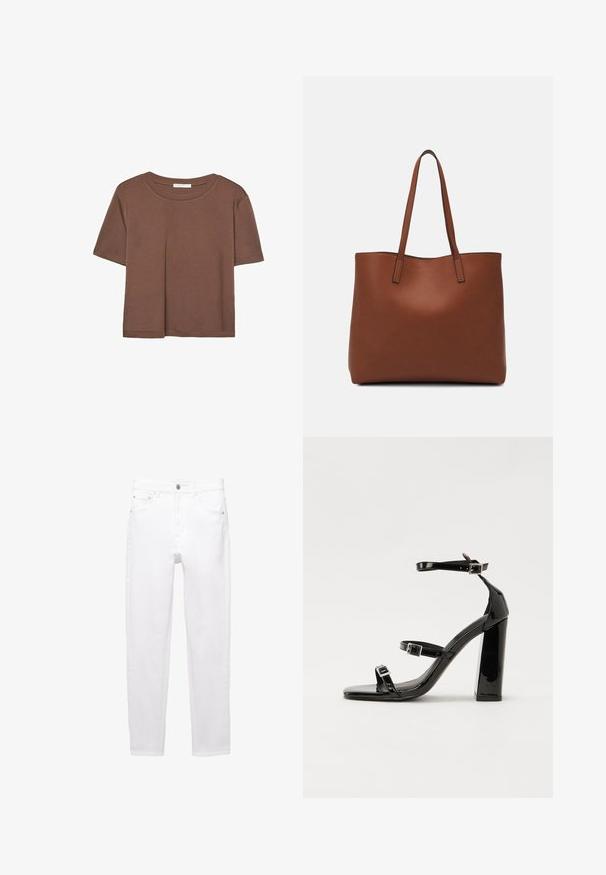 Kahvinsävyinen lyhythihainen t-paita, joka on valmistettu pehmeästä kankaasta. Pyöreä pääntie ja rento malli. Ei näkyviä kuvioita tai koristeita.; Valkoiset farkut suoran lahkeen muotoilulla, joissa on etupainike kiinnitys, viisi taskua ja hienovaraiset ompeluyksityiskohdat.; Musta kiiltävä korkokenkä sandaalit neliönmuotoisella varpaalla, nilkkaremmillä ja hopeisilla soljilla. Varustettu tukevalla lohkokorkealla vakauden takaamiseksi.; Ruskea nahkainen olkalaukku, jossa on sileä pinta, avoin yläosa ja kaksi olkahihnaa. Omaavat vain minimaalisen ompelun eikä näkyvää metalliosaa.