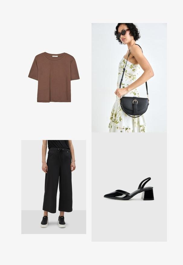 Hnědé tričko s krátkým rukávem vyrobené z měkké látky, s kulatým výstřihem a volným střihem. Bez viditelných vzorů nebo dekorací.; Černé kalhoty širokého střihu s elastickým pasem, stahovací šňůrkou a bočními kapsami. Lehčí látka s hladkým povrchem.; Černé lakované kožené lodičky na pásku s špičatou špičkou a geometrickým blokovým podpatkem. Vyznačují se elegantním, minimalistickým designem a hladkým povrchem.; Černá kožená kabelka s křivkovým tvarem, odnímatelným popruhem a zlatými detaily. Kabelka má klopu s přezkou.