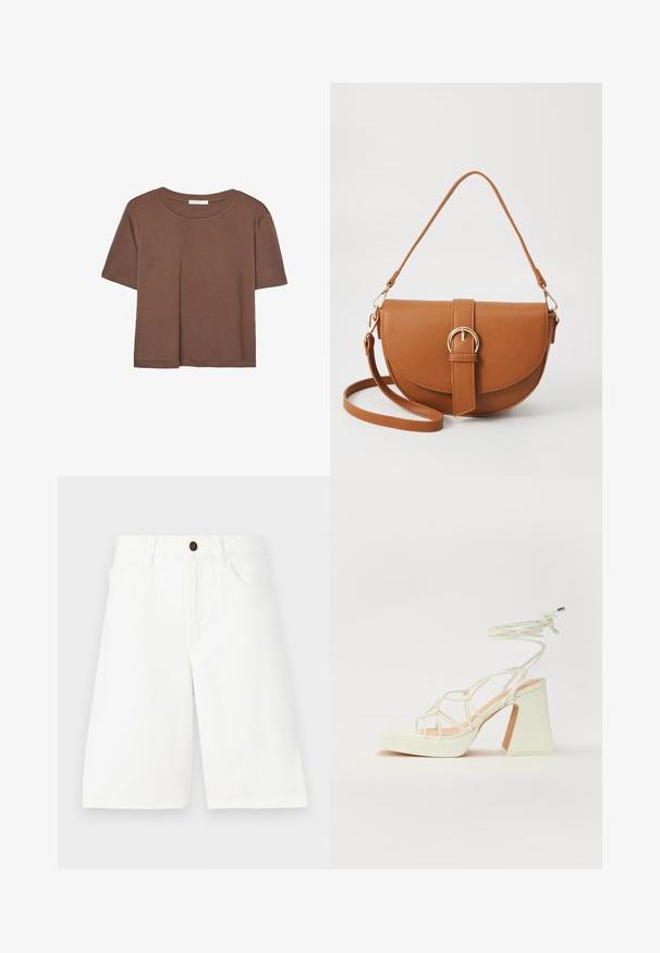 Smeđi kratki rukav majica od mekog materijala, s okruglim izrezom i opuštenim krojem. Nema vidljivih uzoraka ili naglasaka.; Bijeli traper šortsevi ravnog kroja, s pet džepova, zatvaranjem na dugme sprijeda i suptilnim detaljima šavova. Glatka tekstura.; Bijela sandala na visokoj potpetici s debelim petom, s remenom i vezanjem oko gležnja. Glatka tekstura s platformom sprijeda za dodatnu visinu.; Smeđa kožna torba preko tijela s zakrivljenim oblikom, zlatnim metalnim detaljima i naglaskom na kopču. Ima odvojivu naramenicu.