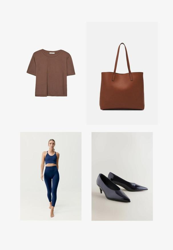 Smeđi kratki rukav majica od mekog materijala, s okruglim izrezom i opuštenim krojem. Nema vidljivih uzoraka ili naglasaka.; Navy plavi atletski komplet koji se sastoji od kročene bruske s tankim trakama i visokih tajica, oba izrađena od glatkog, rastezljivog materijala.; Morske paten kožne cipele s šiljastim vrhom i potpeticom od 5 cm. Glatka textura s sjajnim završetkom i minimalistički dizajn.; Smeđa kožna torba preko ramena s glatkom teksturom, otvorenim vrhom i dvjema naramenicama. Ima minimalne šavove i nema vidljivog hardvera.