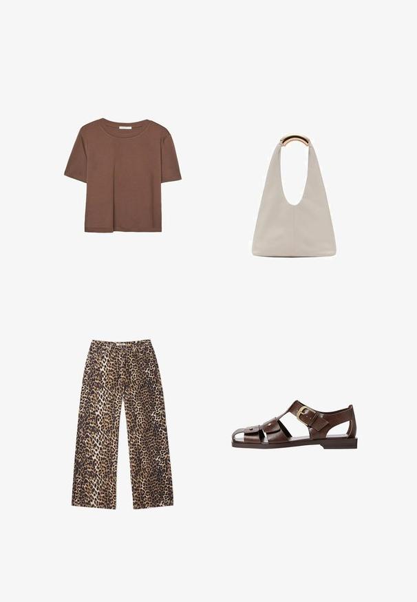 T-shirt marron à manches courtes en tissu doux, avec un col rond et une coupe décontractée. Aucun motif ni accent visible.; Pantalons larges avec un motif imprimé léopard. Composés d'un mélange de couleurs beige, marron et noir. Fabriqués en tissu doux avec une texture lisse.; Sandale en cuir brun avec un design découpé, boucle ajustable sur le côté et semelle plate, avec des accents en métal et une ouverture au niveau des orteils.; Sac en cuir gris clair avec un design en forme de U et une poignée métallique courbée. Texture lisse avec un minimum de coutures et sans motifs visibles.