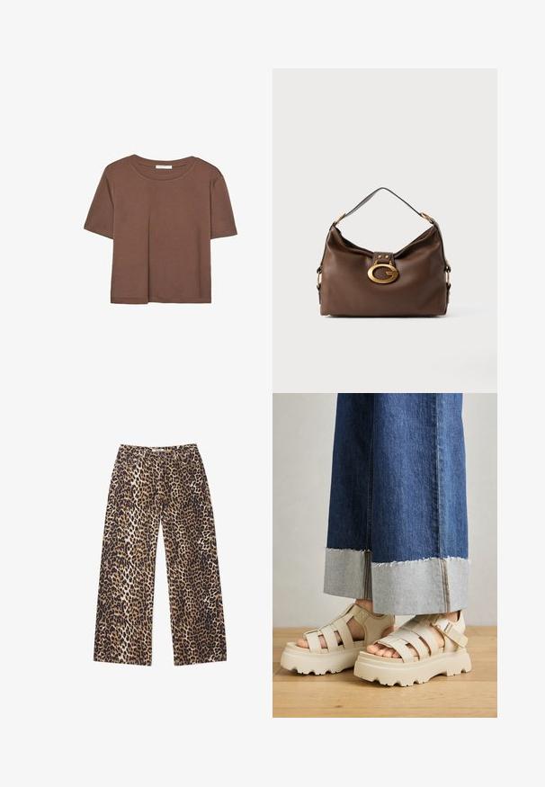 Brązowa koszulka z krótkim rękawem, wykonana z miękkiego materiału, z okrągłym dekoltem i luźnym krojem. Brak widocznych wzorów lub akcentów.; Spodnie o szerokich nogawkach w wzór lamparta. Mają odcień brązu, beżu i czerni. Wykonane z miękkiego materiału o gładkiej fakturze.; Beżowe sandały na platformie z grubymi podeszwami mają paskowy fason i regulowane paski na kostce. Noszone z szerokimi dżinsowymi spodniami, jeden z mankietów jest postrzępiony.; Brązowa skórzana torebka o teksturowanym wykończeniu, z zapięciem w kolorze złota i pojedynczym, zakrzywionym paskiem na ramię.