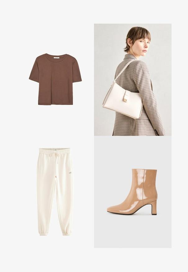 Kahvinsävyinen lyhythihainen t-paita, joka on valmistettu pehmeästä kankaasta. Pyöreä pääntie ja rento malli. Ei näkyviä kuvioita tai koristeita.; Kermanväriset jogger-housut, jotka on valmistettu pehmeästä kankaasta. Niissä on joustava vyötärö, nauhakuormitus, sivutaskut ja ribattu hihansuu. "self." logo painettuna.; Nude patentoimiset nilkkurit, joissa on terävä kärki, kiiltävä pinta ja keskipitkä lohkarekenkä. Silkkinen pinta ja virtaviivainen siluetti.; Valkoinen nahkainen käsilaukku, jossa on jämäkkä muotoilu, magneettinen suljin ja olkahihna, esillä neutraalilla taustalla.