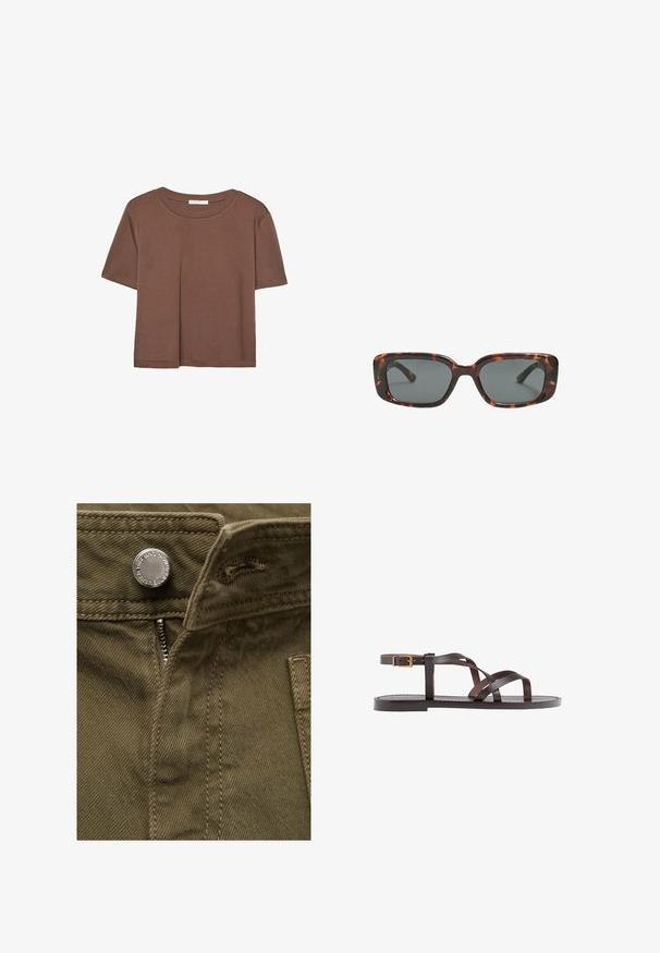Brown short-sleeve t-shirt made of soft fabric, with a round neckline and relaxed fit. No visible patterns or accents.; Olive green cotton fabric with a visible zip closure and metallic button detail; features stitching and a side pocket.; Brown leather sandal featuring crisscross straps, an ankle buckle closure, and a flat sole with minimal stitching details.; Tortoiseshell sunglasses with rectangular lenses, thick frames, and dark tinted lenses. Smooth texture and minimalistic design.