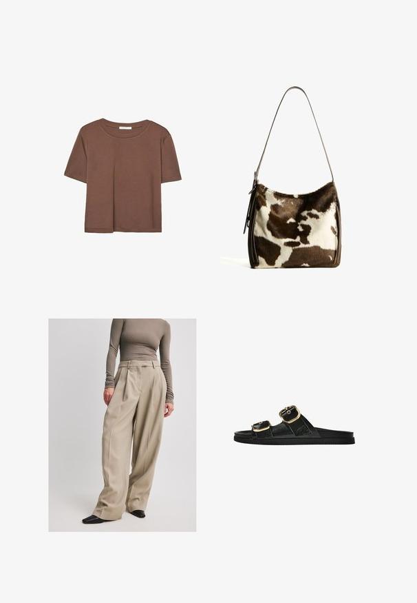 Kahvinsävyinen lyhythihainen t-paita, joka on valmistettu pehmeästä kankaasta. Pyöreä pääntie ja rento malli. Ei näkyviä kuvioita tai koristeita.; NA-KD Housut - beige; Musta liukusandaali, jossa on kaksi kultaisesta solkesta tehtyä korostusta, sileäpintainen materiaali, litteä pohja ja minimalistinen muotoilu.; Ruskea ja kerma cowhide-olkalaukku, jossa on sileä nahkahihna, vetoketju ja pehmeä, teksturoitu pinta, jossa on luonnollinen kuvio.