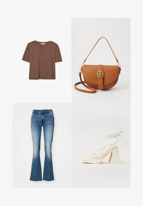 Brun kortærmet t-shirt lavet af blødt stof, med rund halsudskæring og afslappet pasform. Ingen synlige mønstre eller detaljer.; Blå denimjeans med en flared design, medium høj talje og gradientvask, der lysner fra mørk til lys blå, med fem-lomme stil.; Hvide højhælede sandaler med en kraftig hæl, der har et stropdesign og ankelbinding. Glat tekstur med en platform foran for ekstra højde.; Brun læder crossbody taske med en buet form, guldfarvet hardware og en spændeaccent. Har en aftagelig skulderrem.