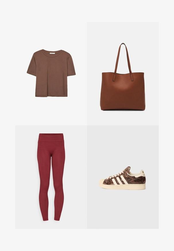 Hnedé tričko s krátkym rukávom vyrobené z jemného materiálu, s okrúhlym výstrihom a voľným strihom. Žiadne viditeľné vzory ani akcenty.; Bordové legíny s vysokým, textúrovaným pásom, priliehavým strihom a hladkou textúrou látky. Žiadne viditeľné vzory ani hardvérové detaily.; Hnedé tenisky s hadím vzorom, s bielymi pruhmi a krémovými akcentmi. Majú zaoblenú špičku, štruktúrovaný zvršok a jemnú vnútornú podšívku.; Hnedá kožená taška na rameno s hladkou textúrou, otvoreným vrchom a dvoma ramenými popruhmi. Má minimálne šitia a žiadne viditeľné kovania.