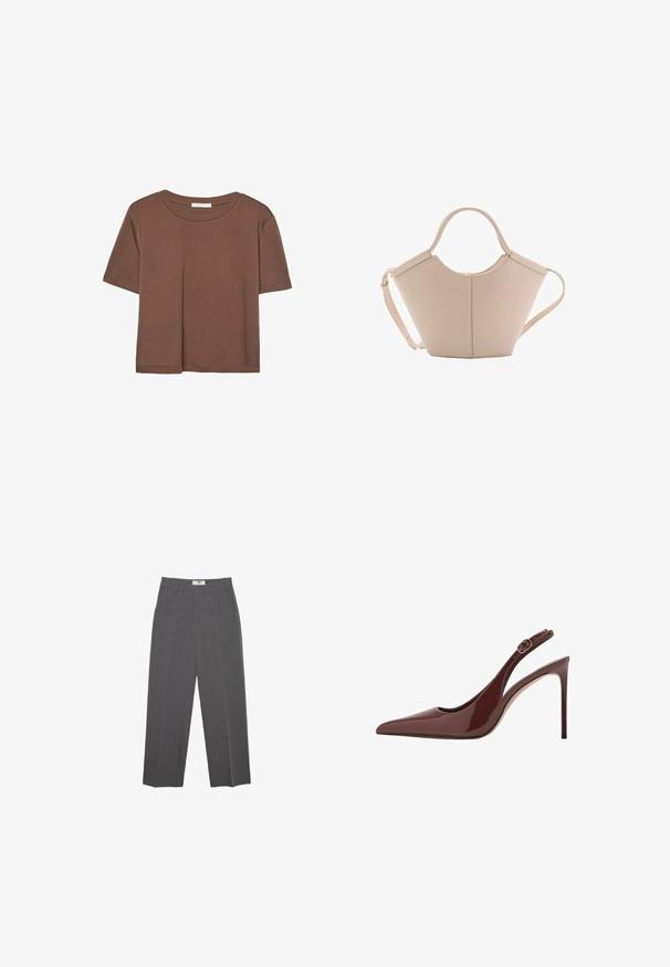 T-shirt marron à manches courtes en tissu doux, avec un col rond et une coupe décontractée. Aucun motif ni accent visible.; Pantalons droits gris en tissu texturé, avec une taille mi-haute, des passants de ceinture et des poches latérales. Aucun motif ou accent visible.; Escarpin à talon aiguille en cuir verni marron foncé, à bout pointu, avec une bride réglable et une fine semelle.; Sac à main en cuir beige avec une forme unique, doté de deux poignées courtes et d'une longue sangle réglable. Texture lisse avec un minimum de matériel.
