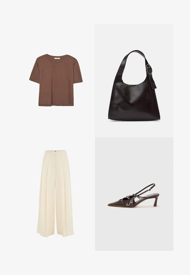 Brun kortærmet t-shirt lavet af blødt stof, med rund halsudskæring og afslappet pasform. Ingen synlige mønstre eller detaljer.; Bredde bukser i lys beige stof, med plisseret frontdesign, høj talje og glat tekstur. Ingen synlig hardware eller mønstre.; Brune patenteret læder slingback hæl med spids tå, justerbare stropper og dekorative spænder foran. 3-tommers hælhøjde.; Brun læder skuldertaske med en glat tekstur, rund form, bred rem og cirkulært metalaccent på håndtaget.