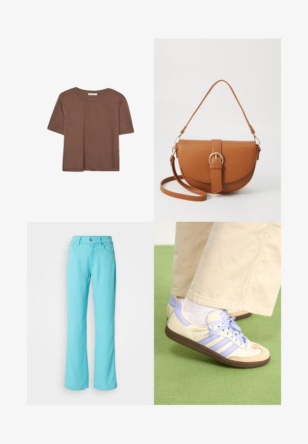 Brązowa koszulka z krótkim rękawem, wykonana z miękkiego materiału, z okrągłym dekoltem i luźnym krojem. Brak widocznych wzorów lub akcentów.; Jasnoniebieskie, szerokie dżinsy wykonane z denimu. Zawierają zapięcie na guzik i zamek błyskawiczny, pięć kieszeni oraz przeszycia na dolnej krawędzi.; Kremowe i lawendowe trampki z trzema paskami oraz teksturowaną brązową podeszwą, wyposażone w sznurówki i wyścieloną piętę. Górna część z miękkiego materiału.; Brązowa skórzana torba na ramię o zaokrąglonym kształcie, ze złotymi akcentami i zapięciem w formie klamry. Posiada odpinany pasek na ramię.