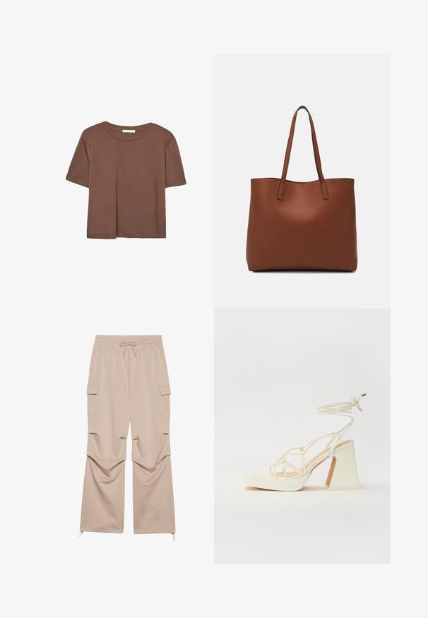 Hnedé tričko s krátkym rukávom vyrobené z jemného materiálu, s okrúhlym výstrihom a voľným strihom. Žiadne viditeľné vzory ani akcenty.; Béžové cargo nohavice s elastickým pásom, šnúrkou, dvoma bočnými vreckami a zipsovými koncami vyrobené z jemnej, textúrované látky.; Biele sandále na vysokom opätku s hrubým podpätkom, s pruhovaným dizajnom a viazaním na členku. Hladký povrch s platformou vpredu pre zvýšenú výšku.; Hnedá kožená taška na rameno s hladkou textúrou, otvoreným vrchom a dvoma ramenými popruhmi. Má minimálne šitia a žiadne viditeľné kovania.