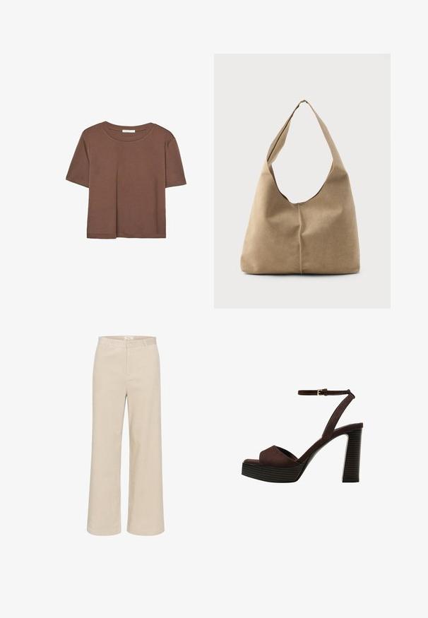 Rjava kratka majica s kratkimi rokavi iz mehkega materiala, s krožnim izrezom in ohlapnim krojem. Brez vidnih vzorcev ali dodatkov.; Bež hlače s širokimi nogavicami iz kordovine, ki imajo subtilno rebrasto teksturo, zankice za pas, sprednji zadrgo in dva stranska žepa.; Rjave semiš sandale z visoko peto, odprto spredaj, z nastavljivim gležnjenjem in črtastim podplatom.; Hobo torba iz mehkega bež nubuka z ohlapno obliko, širokim ramenskim trakom in ročno šivanim šivom po sprednji strani.