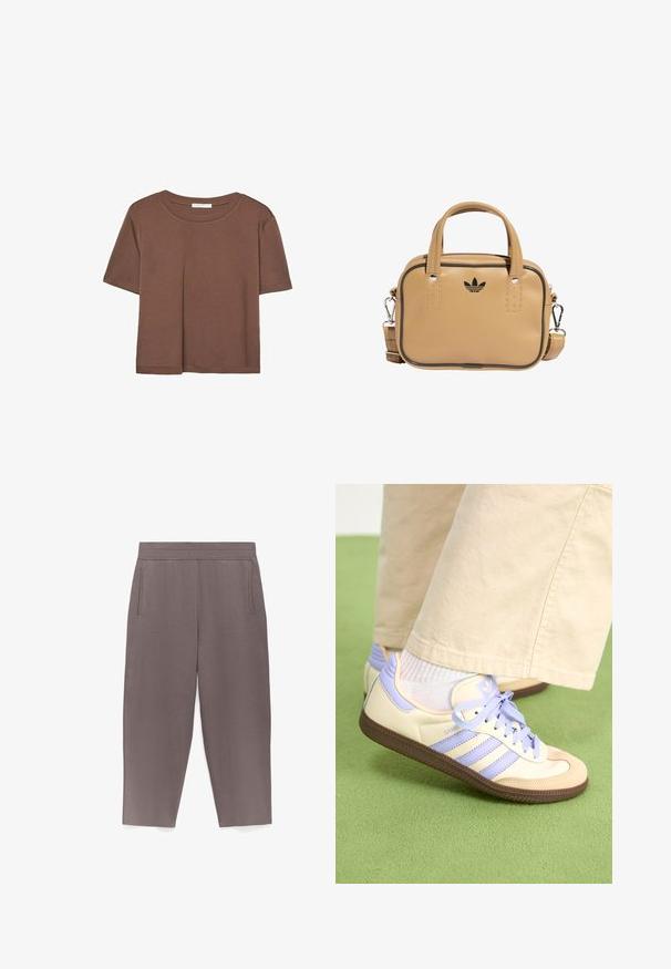 Brązowa koszulka z krótkim rękawem, wykonana z miękkiego materiału, z okrągłym dekoltem i luźnym krojem. Brak widocznych wzorów lub akcentów.; Szare, luźne spodnie z elastycznym paskiem w talii i bocznymi kieszeniami, wykonane z miękkiej, gładkiej tkaniny.; Kremowe i lawendowe trampki z trzema paskami oraz teksturowaną brązową podeszwą, wyposażone w sznurówki i wyścieloną piętę. Górna część z miękkiego materiału.; Brązowa torebka z wegańskiej skóry z dwoma uchwytami, odczepianym paskiem na ramię, czarnym akcentem w postaci przeszyć oraz małym czarnym logo z przodu.