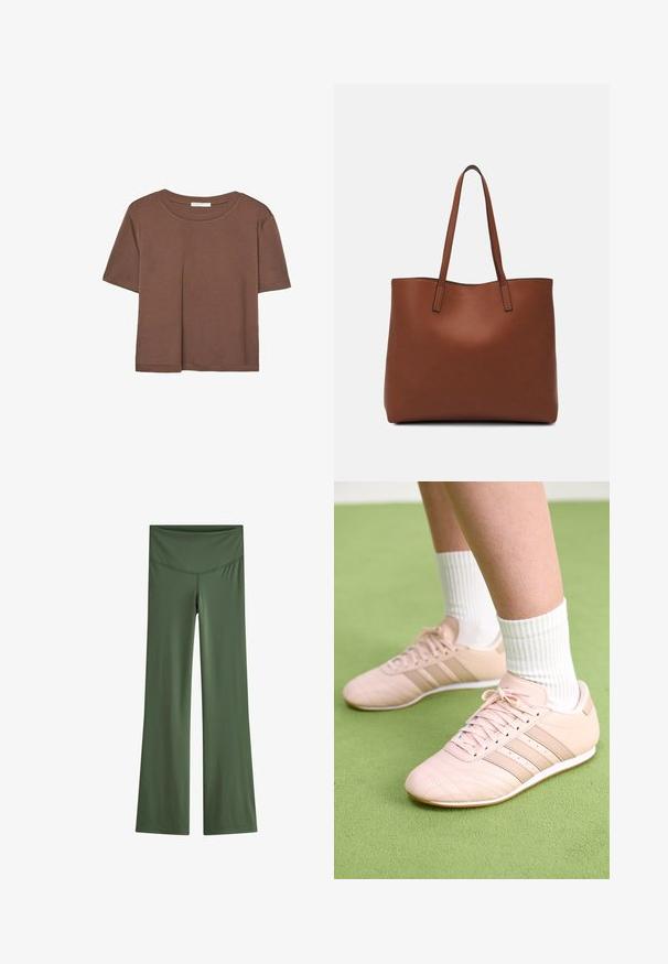 Maglietta a maniche corte marrone realizzata in tessuto morbido, con scollatura rotonda e vestibilità rilassata. Nessun motivo o dettaglio visibile.; Leggings a campana in tessuto verde oliva, con una cintura liscia e un design elegante senza motivi o abbellimenti prominenti.; Scarpe da ginnastica rosa chiaro con cuciture diagonali, suole bianche e tre strisce laterali. Indossate con calze bianche a coste su una superficie verde.; Borsa tote in pelle marrone con texture liscia, design con apertura superiore e due spallacci. Presenta cuciture minime e nessun hardware visibile.