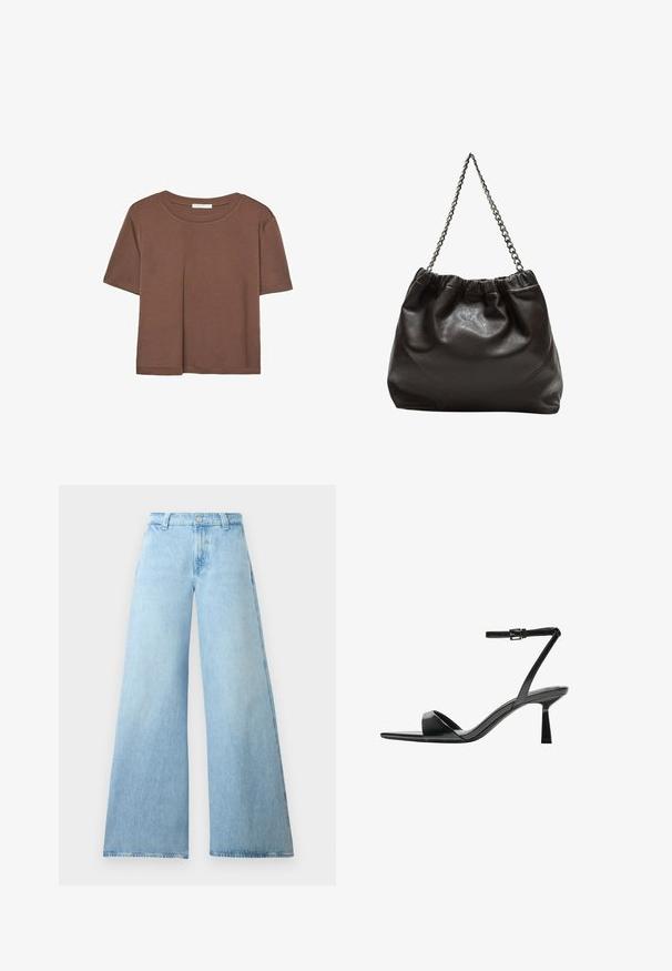 Rjava kratka majica s kratkimi rokavi iz mehkega materiala, s krožnim izrezom in ohlapnim krojem. Brez vidnih vzorcev ali dodatkov.; Svetlo modri široki traper hlače z visokim pasom, z gumbom in petimi žepi. Gladka tekstura s sproščenim krojem.; Bershka Sandali z visoko peto - black; Rjava usnjena torba z nabranim vrhom in verižnim trakom. Gladka tekstura z sijajno površino in subtilnimi šivi na straneh.