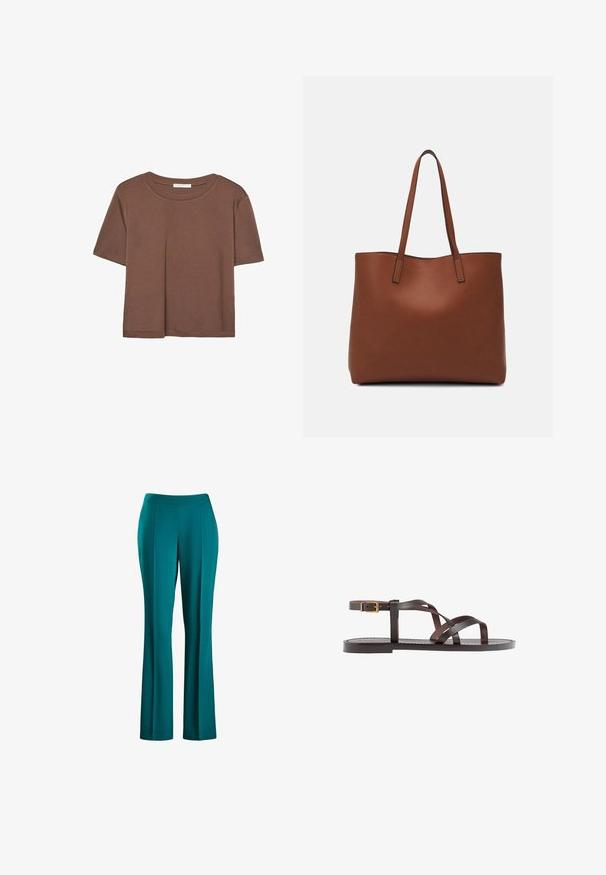 Smeđi kratki rukav majica od mekog materijala, s okruglim izrezom i opuštenim krojem. Nema vidljivih uzoraka ili naglasaka.; Tirkizne hlače širokog kroja s glatkom teksturom, prilagođenim strukom i prednjim naborima, osmišljene za prozračan oblik, izrađene od lagane tkanine.; Smeđe kožne sandale s iskrižanim trakama, umetkom za zapešće s kopčanjem i ravnim potplatom s minimalnim detaljima šivanja.; Smeđa kožna torba preko ramena s glatkom teksturom, otvorenim vrhom i dvjema naramenicama. Ima minimalne šavove i nema vidljivog hardvera.