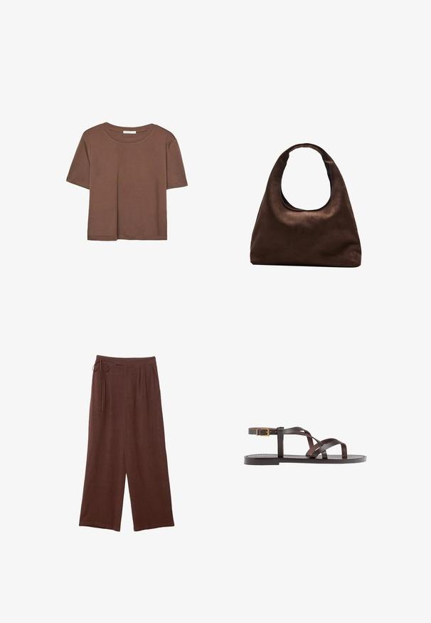 T-shirt marron à manches courtes en tissu doux, avec un col rond et une coupe décontractée. Aucun motif ni accent visible.; Pantalons larges marron avec une taille à cordon, dotés de plis et d'une texture douce, fabriqués en tissu léger.; Sandale en cuir marron avec des brides entrecroisées, une fermeture à boucle à la cheville et une semelle plate avec des détails de couture minimaux.; Sac à main en toile marron doux de style hobo avec une large sangle unique et une ouverture en haut arrondie, présenté sur un fond blanc.