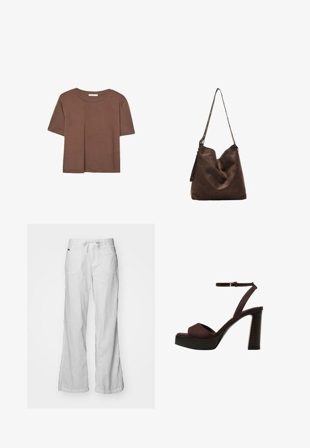 Smeđi kratki rukav majica od mekog materijala, s okruglim izrezom i opuštenim krojem. Nema vidljivih uzoraka ili naglasaka.; Bijele lanene hlače s opuštenim krojem, elastičnim pojasom na vezanje i dva prednja džepa. Imaju široke nogavice i suptilnu teksturu.; Smeđe zamšaste sandale s visokim potpeticama, otvorenim prstima, podesivom trakicom oko gležnja i prugastom platformom.; Smešasti smeđi hobo torba s zakrivljenim vrhom, dugim remenom s točkastim detaljima i mekanim materijalom. Ima opušteni dizajn za svakodnevnu upotrebu.