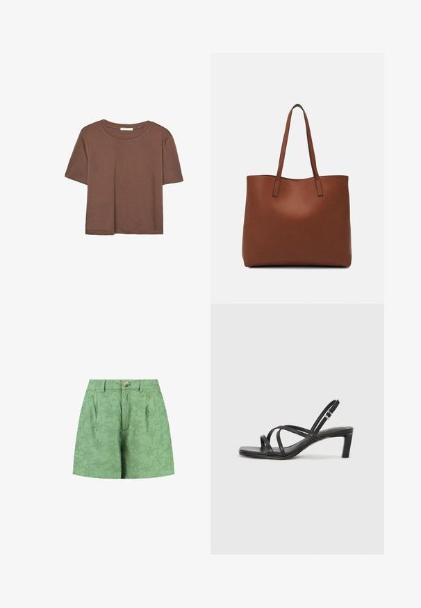 Rjava kratka majica s kratkimi rokavi iz mehkega materiala, s krožnim izrezom in ohlapnim krojem. Brez vidnih vzorcev ali dodatkov.; Zelena vezenina kratke hlače z teksturiranim cvetličnim vzorcem, ki imajo sprednji gumb in dve stranski žep, so zasnovane za sproščen kroj.; Črne natikače s trakovi in kvadratnim prstom ter nizkim blokastim peto. Imajo več tankih trakov in nastavljiv trak okoli gležnja. Narejene so iz gladkega usnja.; Rjava usnjena torba z gladko teksturo, odprto zasnovo zgoraj in dvema naramnima trakovoma. Opremljena je z minimalnim šivanjem in brez vidnih kovinskih delov.