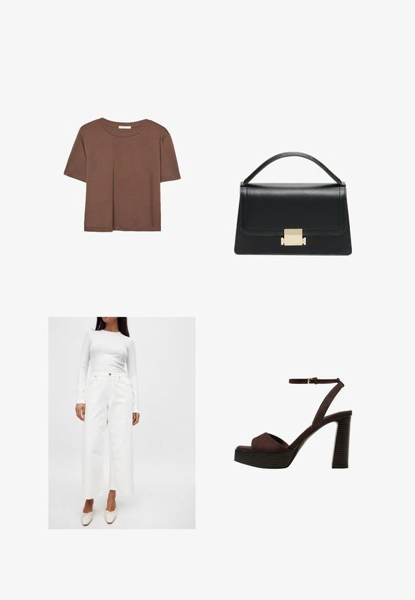 Brun kortærmet t-shirt lavet af blødt stof, med rund halsudskæring og afslappet pasform. Ingen synlige mønstre eller detaljer.; Hvid langærmet bluse med ribbet tekstur, parret med højtaljede hvide vide jeans med forlommer og detaljer i sølvhardware.; Brune ruskinds højhælede sandal med åben tå, justerbar ankelrem og en stribet plade sål.; Sort læderhandtaske med et struktureret design, topbærerhåndtag og en detalje i guldfarvet metalklap på fronten. Glat tekstur, minimal syning.