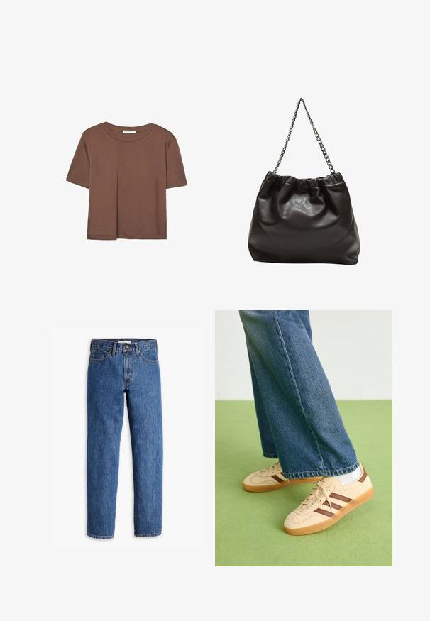 Rjava kratka majica s kratkimi rokavi iz mehkega materiala, s krožnim izrezom in ohlapnim krojem. Brez vidnih vzorcev ali dodatkov.; Blue traperice s ravnim nogavicama, pet žepova in kontrastnim šivom. Pas vključuje klasičen gumb in zadrgo.; Bež teniske z teksturiranimi kremnimi paneli in rjavimi črtami, v kombinaciji z modrimi kavbojkami. Kavbojke imajo široke hlačnice in raztrgan rob.; Rjava usnjena torba z nabranim vrhom in verižnim trakom. Gladka tekstura z sijajno površino in subtilnimi šivi na straneh.