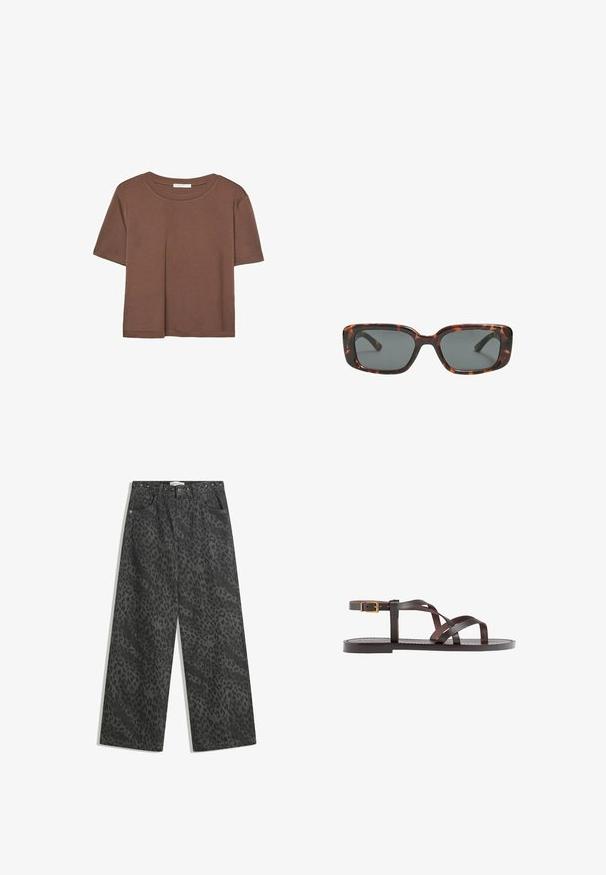 Brun kortærmet t-shirt lavet af blødt stof, med rund halsudskæring og afslappet pasform. Ingen synlige mønstre eller detaljer.; Sorte denim bredbensbukser med et subtilt leopardmønster, metalnagler på taljen og klassisk fem-lomme design.; Brune lædersandal med krydsende stropper, ankelspænde og en flad sål med minimale syninger.; Skildpaddedesolbriller med rektangulære linser, tykke stel og mørkt tonede linser. Glat tekstur og minimalistisk design.