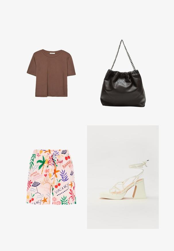 Braunes, kurzärmliges T-Shirt aus weichem Material mit rundem Halsausschnitt und lockerer Passform. Keine sichtbaren Muster oder Akzente.; Helle pinke Badehosen mit einem verspielten Druck, der Palmen, Regenschirme, Kirschen und urlaubsbezogene Grafiken zeigt, kombiniert mit einem Kordelzugbund.; Weiße High-Heel-Sandale mit einem klobigen Absatz, die über ein Riemchendesign und ein Knöchelband verfügt. Glatte Textur mit einer Plattform vorne für zusätzliche Höhe.; Braune Lederhandtasche mit gerafftem Oberteil und Kettenriemen. Glatte Textur mit glänzendem Finish und subtilen Nahtdetails an den Seiten.