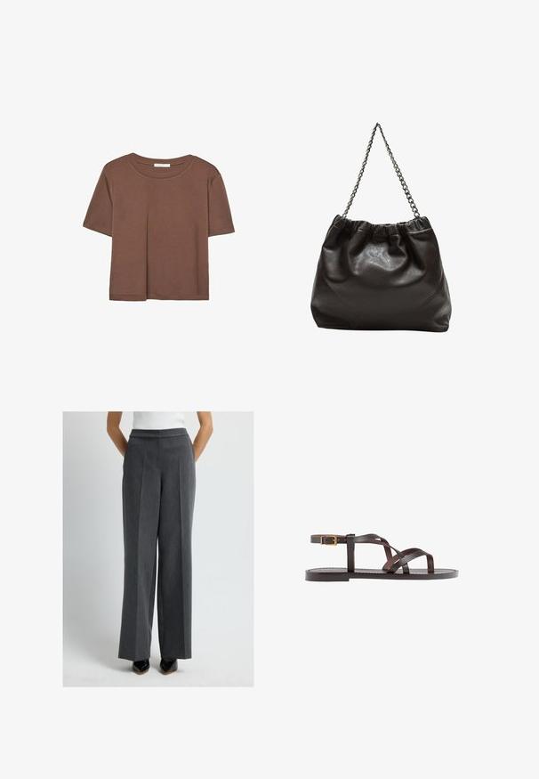 Braunes, kurzärmliges T-Shirt aus weichem Material mit rundem Halsausschnitt und lockerer Passform. Keine sichtbaren Muster oder Akzente.; Grau, taillierte Weite-Bein-Hosen mit flachem Bund, vertikalen Nadelstreifen und Taschen. Glattes Wollmischgewebe, mit einem sauberen Saum abgeschlossen.; Braune Leder-Sandale mit überkreuzten Riemen, einem Knöchelriemen mit Schnalle und einer flachen Sohle mit minimalen Nähdetails.; Braune Lederhandtasche mit gerafftem Oberteil und Kettenriemen. Glatte Textur mit glänzendem Finish und subtilen Nahtdetails an den Seiten.