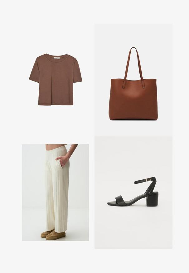 Braunes, kurzärmliges T-Shirt aus weichem Material mit rundem Halsausschnitt und lockerer Passform. Keine sichtbaren Muster oder Akzente.; Cremfarbene Weitbeinhosen mit vertikal gerippter Textur, ausgestattet mit Seitentaschen und einem elastischen Bund. Kombiniert mit beigen Turnschuhen.; Schwarze High Heels Sandalen mit einem glatten Lederoberteil, offener Zehenpartie, breiten Vorderstraps und verstellbarem Knöchelriemen mit einem goldenen Schnallen-Detail.; Braune Leder-Tote mit glatter Textur, offenem Oberteil und zwei Schulterriemen. Verfügt über minimale Nähte und keine sichtbaren Beschläge.