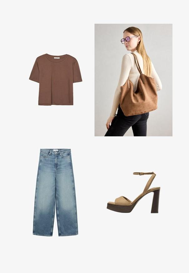 Smeđi kratki rukav majica od mekog materijala, s okruglim izrezom i opuštenim krojem. Nema vidljivih uzoraka ili naglasaka.; Svijetloplave traperice širokog kroja, izrađene od denima, s visokim strukom, dizajnom s pet džepova i suptilnim izbljeđivanjem sprijeda i straga.; Beige suedirane sandale s visokim potpeticama, širokom prednjom trakom i trakicom oko gležnja, s debelom drvenom blok-potpeticom s teksturiranim završetkom.; Smeđa suede torba sa mekom teksturom, širokim otvorom i dugim trakama. Ima jednostavan dizajn s vidljivim šavovima i bez hardvera.
